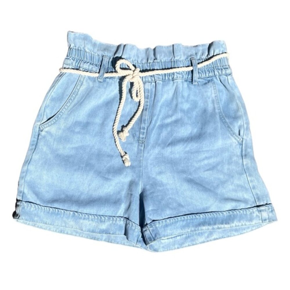 Blue Chambray High Waist Paper Bag Shorts Rope Belt Coastal Nautical Western